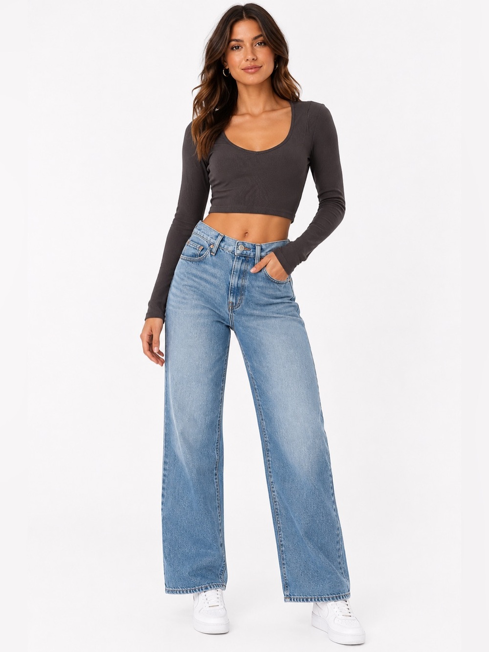 Bo&Tee Ribbed Long Sleeve Crop Top – Black – Size Small